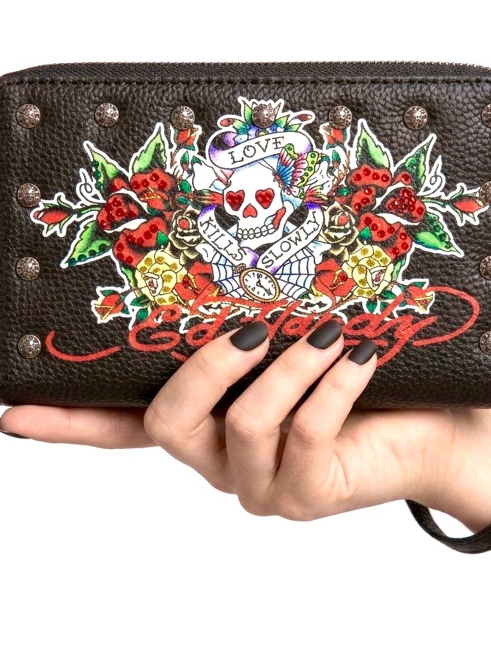 Ed Hardy Black Love Kills Slowly Skull Zip Wristlet Wallet. Ink Art, Hiphop, Y2K